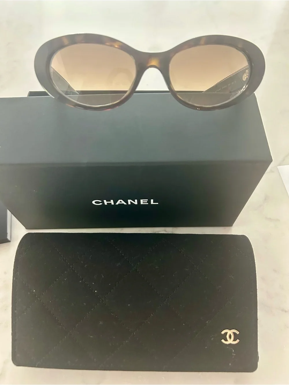 CHANEL Brown Gradient Oval Sunglasses with Quilted Case